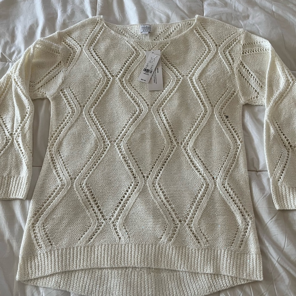 New York & Company Cream Crew Neck Sweater with Textured Pattern